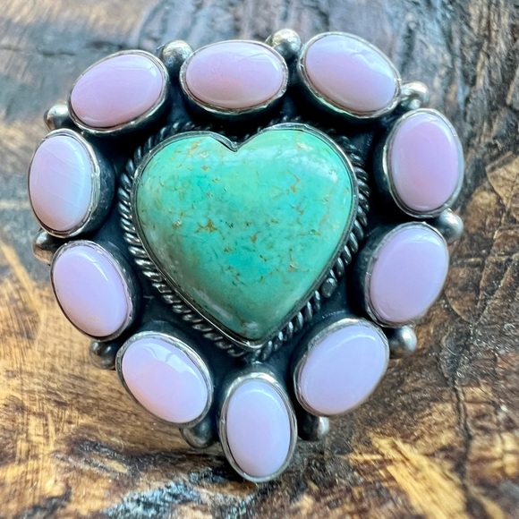 925 Sterling Silver Kingman Turquoise & Queen Conch Heart Cluster RingSize 9